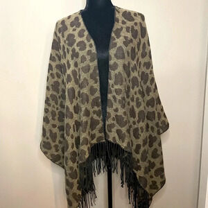 Animal Print Neutral Colored Blanket Shawl Shrug with Fringe